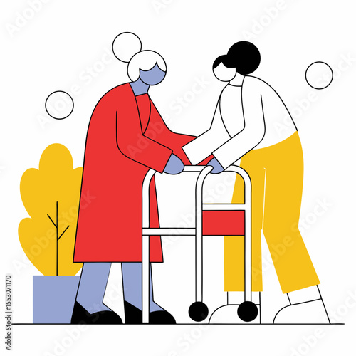 Front view of mixed race female nurse helping senior mixed race female patient to stand with walker at nursing home