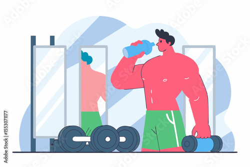 Muscular man drinking protein shake at the gym gym