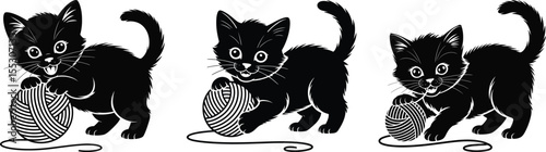 Kitten silhouette vector set, collection of happy kitten with yarn ball icon in black isolated style for design