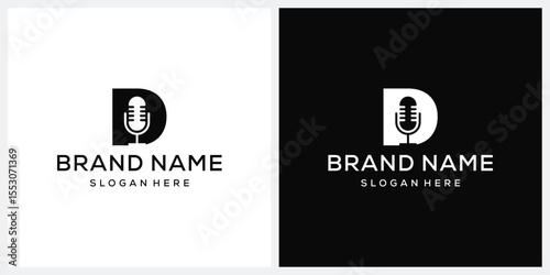 initial letter D microphone logo design, podcast graphic icon concept