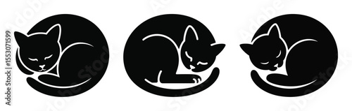 Sleeping cat silhouette vector set, collection of curled cat icon in black isolated style for design and decoration