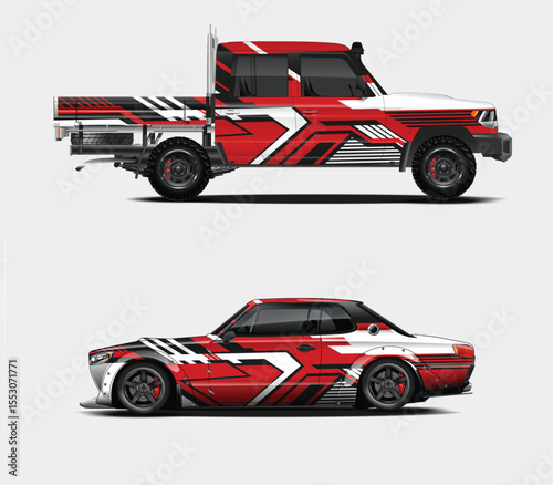 Red and Black Car Wrap Designs for Pickup Truck and Coupe