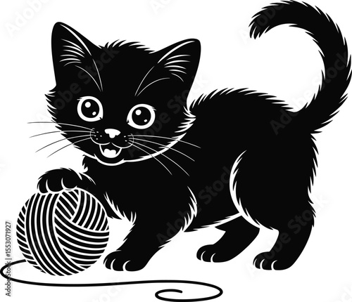 Kitten silhouette vector, playful kitten with yarn ball icon in black isolated style for design and decoration