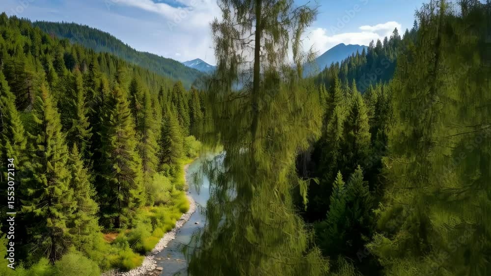 A tranquil, winding river flows through a dense forest of evergreen trees beneath a blue sky with scattered clouds and distant mountain peaks