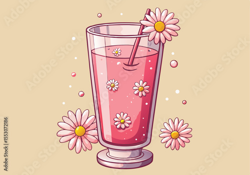 Pink cocktail with cherry and ice in a glass, a vibrant summer drink illustration