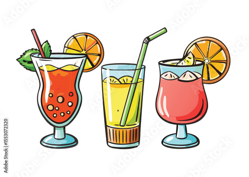 Colorful alcoholic and non-alcoholic fruit cocktails with ice, perfect for a refreshing tropical drink