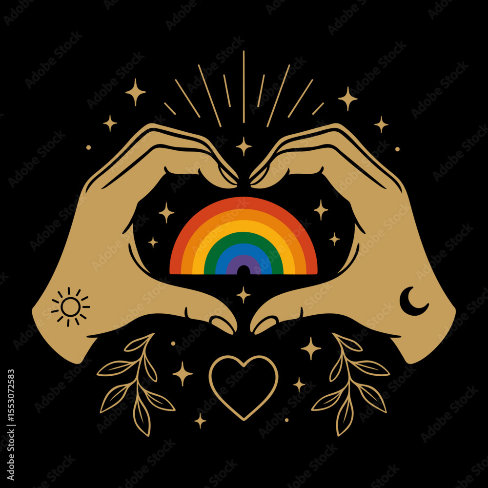 Liebevolles Handzeichen, das ein Herz mit Regenbogenfarben umschließt - Symbol für LGBTQ+, Akzeptanz, Vielfalt und Gleichheit. Perfekt für Pride-Monat, soziale Kampagnen und moderne bunte Designs.