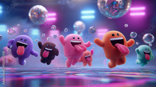 Happy colorful creatures playfully jump amidst bubbles and neon lights, perfect for children's books, educational materials, or party invitations.