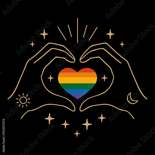 Symbolische Darstellung von Händen, die ein Herz formen mit Regenbogenfarben - repräsentiert LGBTQ+, Liebe, Vielfalt und Akzeptanz. Ideal für Pride, Equality, soziale Themen und moderne Designs.