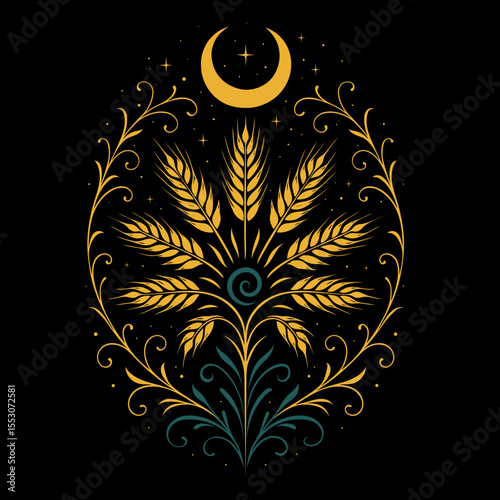 Kornsonne - Getreide-Motiv mit Mondsichel. Pagan Wicca Vektor zu Lammas / Lughnasadh.  Ideal für Jahreskreisfeste, Altarbilder, Ernte-Rituale, Spiritualität, Naturverbundenheit und Green Witch.