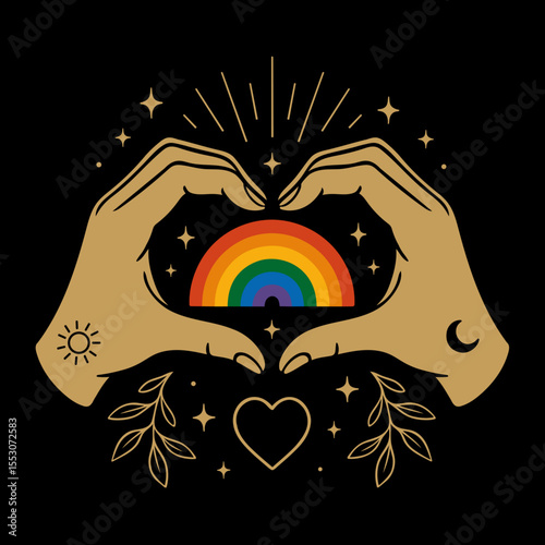 Liebevolles Handzeichen, das ein Herz mit Regenbogenfarben umschließt - Symbol für LGBTQ+, Akzeptanz, Vielfalt und Gleichheit. Perfekt für Pride-Monat, soziale Kampagnen und moderne bunte Designs.