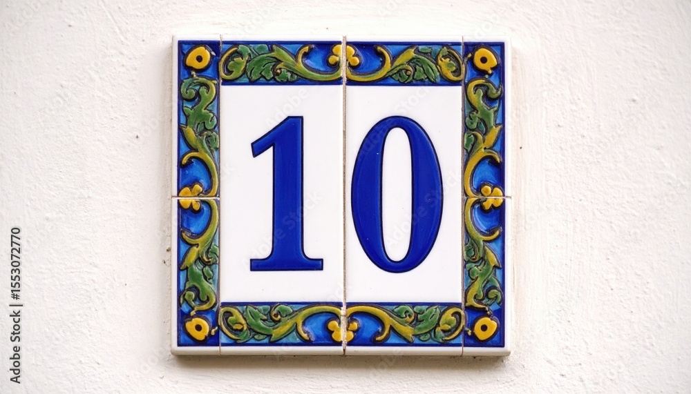 Fototapeta premium Colorful ceramic house number tile displaying the number ten, adorned with floral patterns