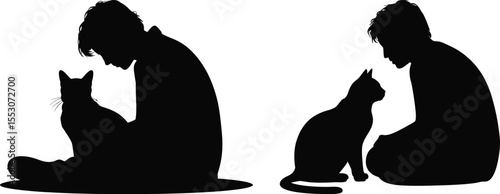 Man and cat silhouette vector set, collection of man with cat icon in black isolated style for design and decoration