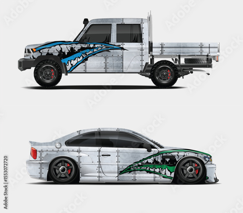 Riveted Metal Panel Car Designs Truck and Coupe with Custom Graphics