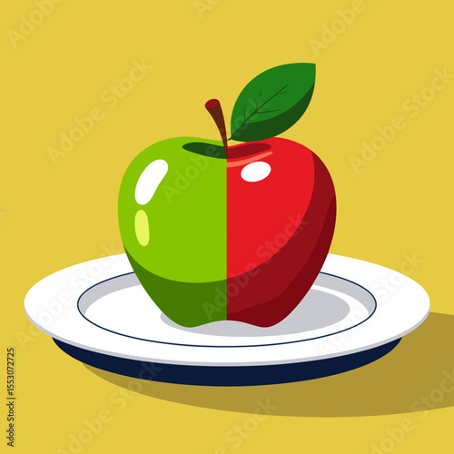 Red and green apple on a white plate with minimalist design symbolizing healthy eating and freshness