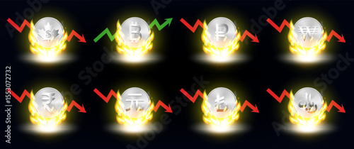 Vector set of coins of world currencies in bright flame. Falling red arrow. Global financial and economic crisis. Business icons. Canadian dollar, bitcoin, ruble, won, rupee, yuan, lira and riyal