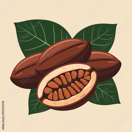 Cocoa Pod with Green Leaves in Earthy Tones, Representing Chocolate and Agriculture
