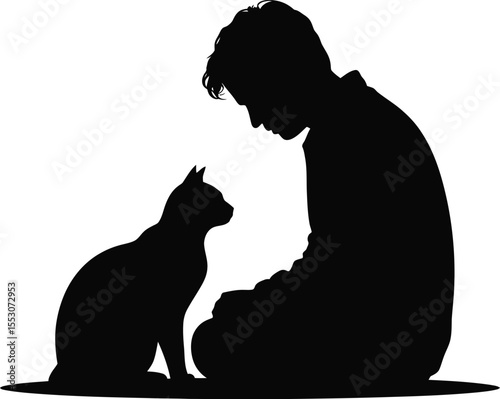 Man and cat silhouette vector, man with cat icon in black isolated style for design and decoration