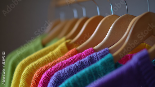 Vibrant rainbow colored garments on single wooden hanger create cheerful display, showcasing variety of textures and styles
