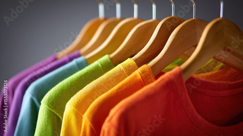 Vibrant rainbow colored garments hanging on wooden hangers create cheerful and inviting atmosphere