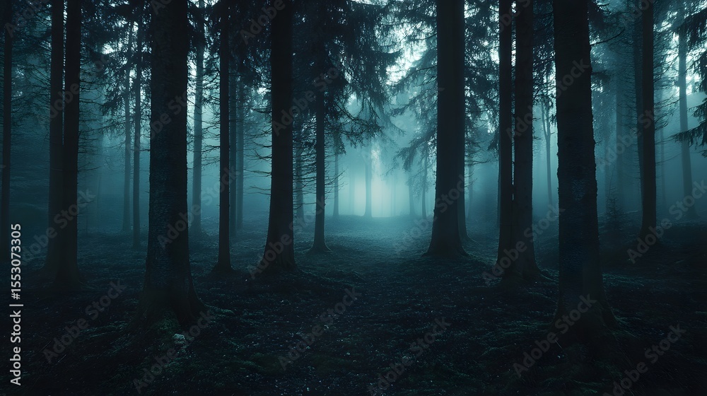 Fototapeta premium Enigmatic Dark Forest with Mystical Fog Background for Atmospheric Designs