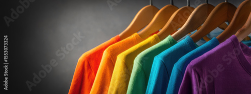 Vibrant rainbow colored garments on single wooden hanger create cheerful display, showcasing variety of hues and styles