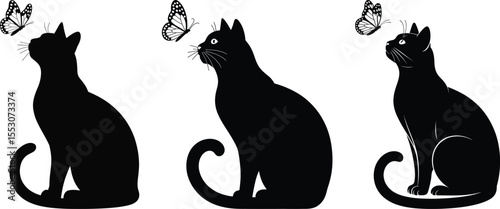 Cat and butterfly silhouette vector set, collection of sitting cat with butterfly icon in black isolated style for design