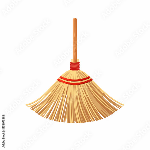 Vector Illustration Traditional Broom with Wooden Handle and Straw Bristles