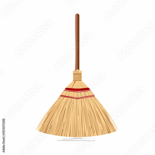 Traditional Broom Vector Illustration Wooden Handle, Straw Bristles