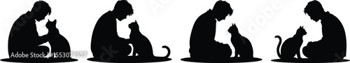 Man and cat silhouette vector set, collection of man with cat icon in black isolated style for design and decoration