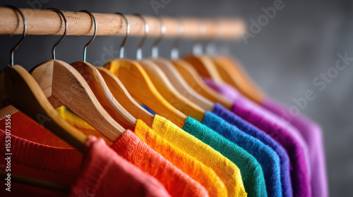 Vibrant rainbow colored garments hanging on wooden hangers create cheerful and inviting atmosphere