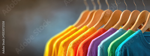 Vibrant rainbow colored garments hanging on wooden hangers create cheerful display, showcasing variety of styles and hues