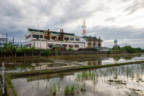 Abandoned Industrial Building Reflected in Flooded Rice Fields