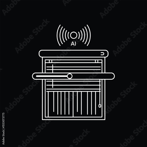 Smart Home A I Controlled White Window Blinds Line Art Illustration Black Background Automated Venetian Blinds Technology Home Automation System
