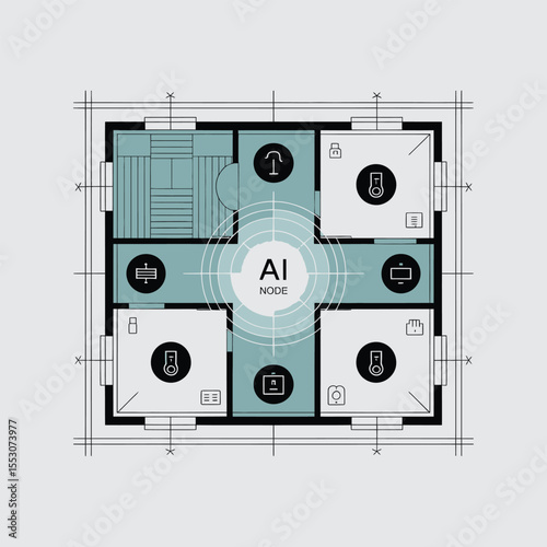 Smart Home A I Node System Blueprint Top View Teal and Gray Color Scheme Showing Sauna Room and Multiple Device Icons Integrated Network