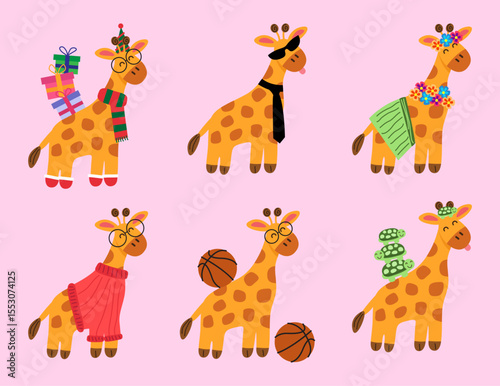 Illustration of cute giraffes on a light pink background.