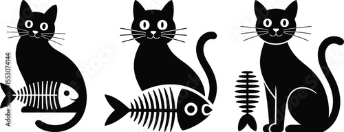 Cat and fishbone silhouette vector set, collection of cat with fishbone icon in black isolated style for design