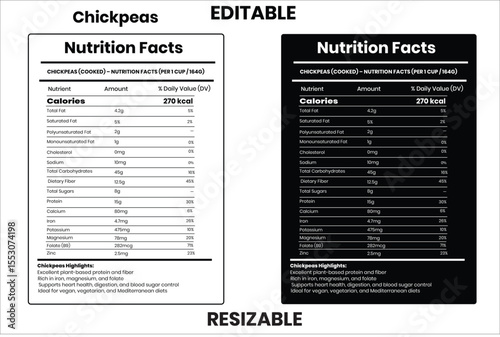 Chickpeas nutrition facts, nutrition facts, nutrition, nutrition label, calories in food, nutrition info, supplement facts, vector template