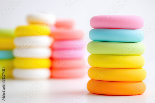 Colorful stackable rings toy pastel rainbow color soft texture minimalist background playful and cheerful educational toy for children focus on foreground blurred background
