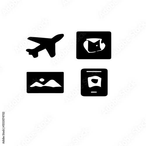Four black and white icons representing travel and media types