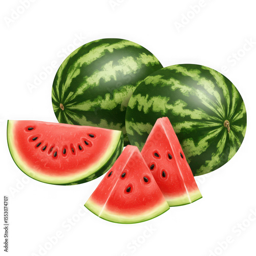 Refreshing slices of juicy watermelon with whole fruits isolated on transparent background
