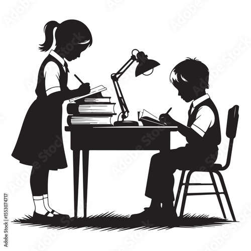 Silhouette of Kids Studying Together at Desk Education Illustration Art

