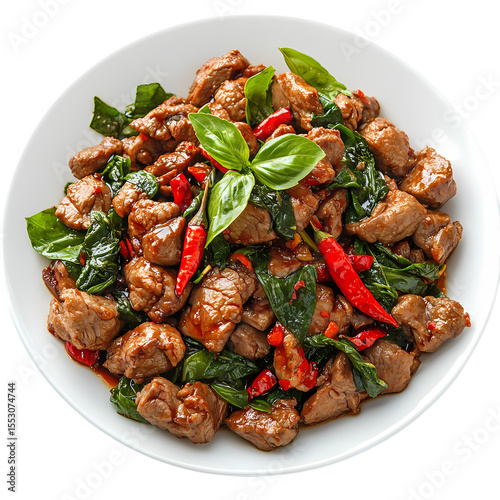 Close up of thai basil beef stir fry on a white plate with red peppers