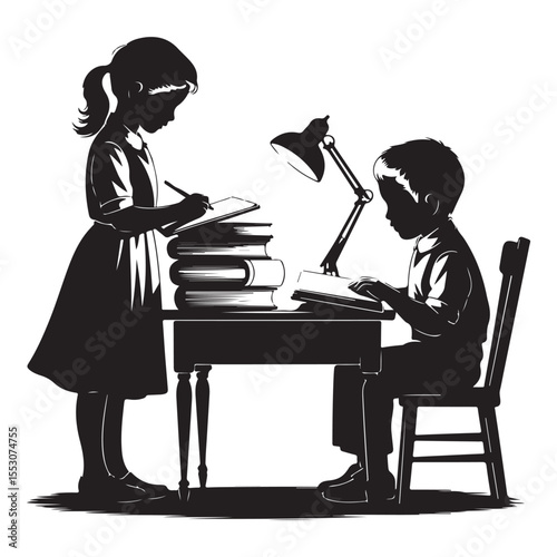 Silhouette of Kids Studying Together at Desk Education Illustration Art
