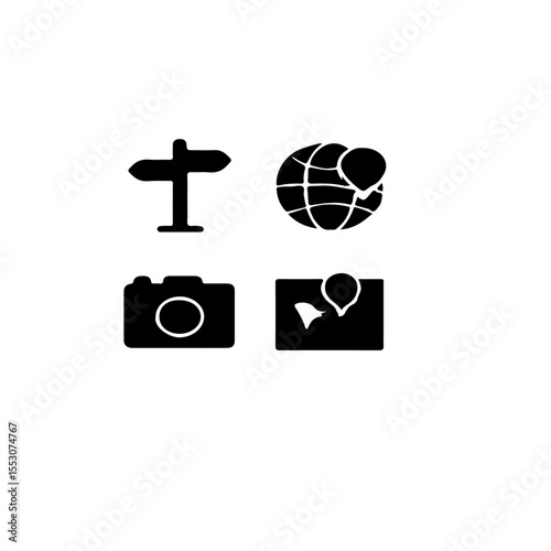 Four travel icons arranged in a square on a white background