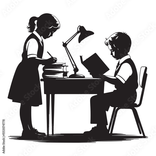 Silhouette of Kids Studying Together at Desk Education Illustration Art
