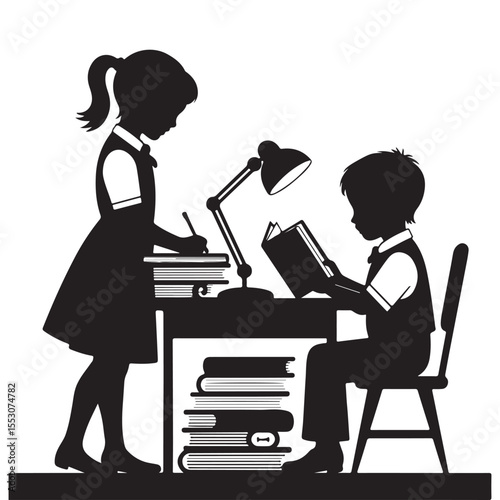 Silhouette of Kids Studying Together at Desk Education Illustration Art
