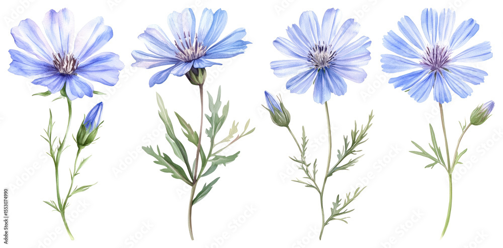 Obraz premium PNG Delicate watercolor blue flowers, element set on transparent background