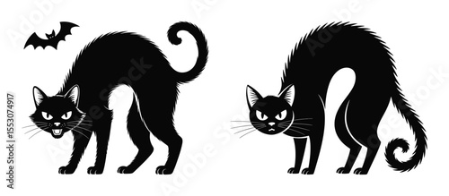 Scared cat silhouette vector set, collection of arched back cat with bat icon in black isolated style for design