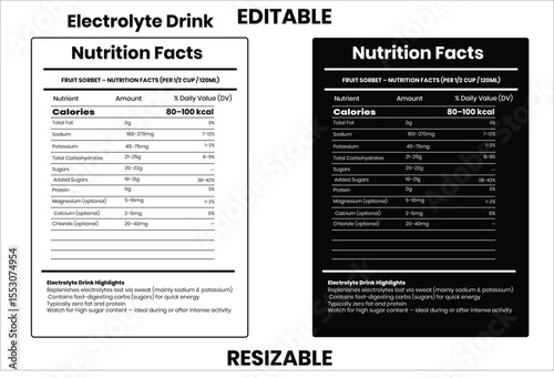 Electrolyte Drink nutrition facts, nutrition facts, nutrition, nutrition label, calories in food, nutrition info, supplement facts, vector template
 